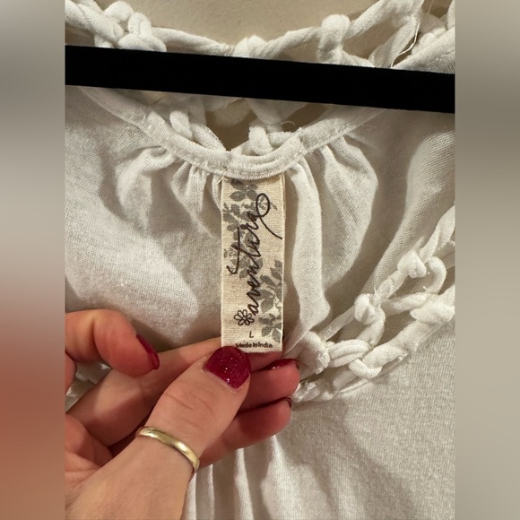 White Short Sleeve Blouse with Braided Neckline - Picture 3 of 4